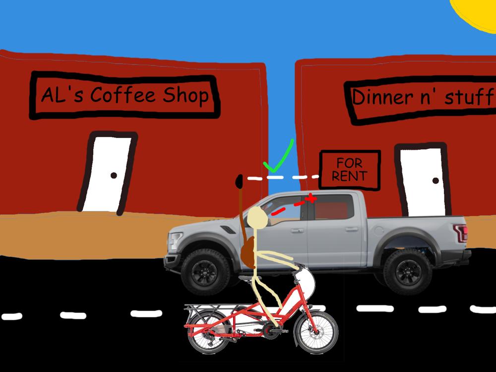 An extremely crude digital drawing. A biker has a long pole coming out of their backpack, with a 360 camera on top of the pole. A large ford f150 is blocking the biker's vision to a "for rent" sign in front of a store front, however the 360 camera's vision is not blocked because it is at a higher elevation than the ford f150